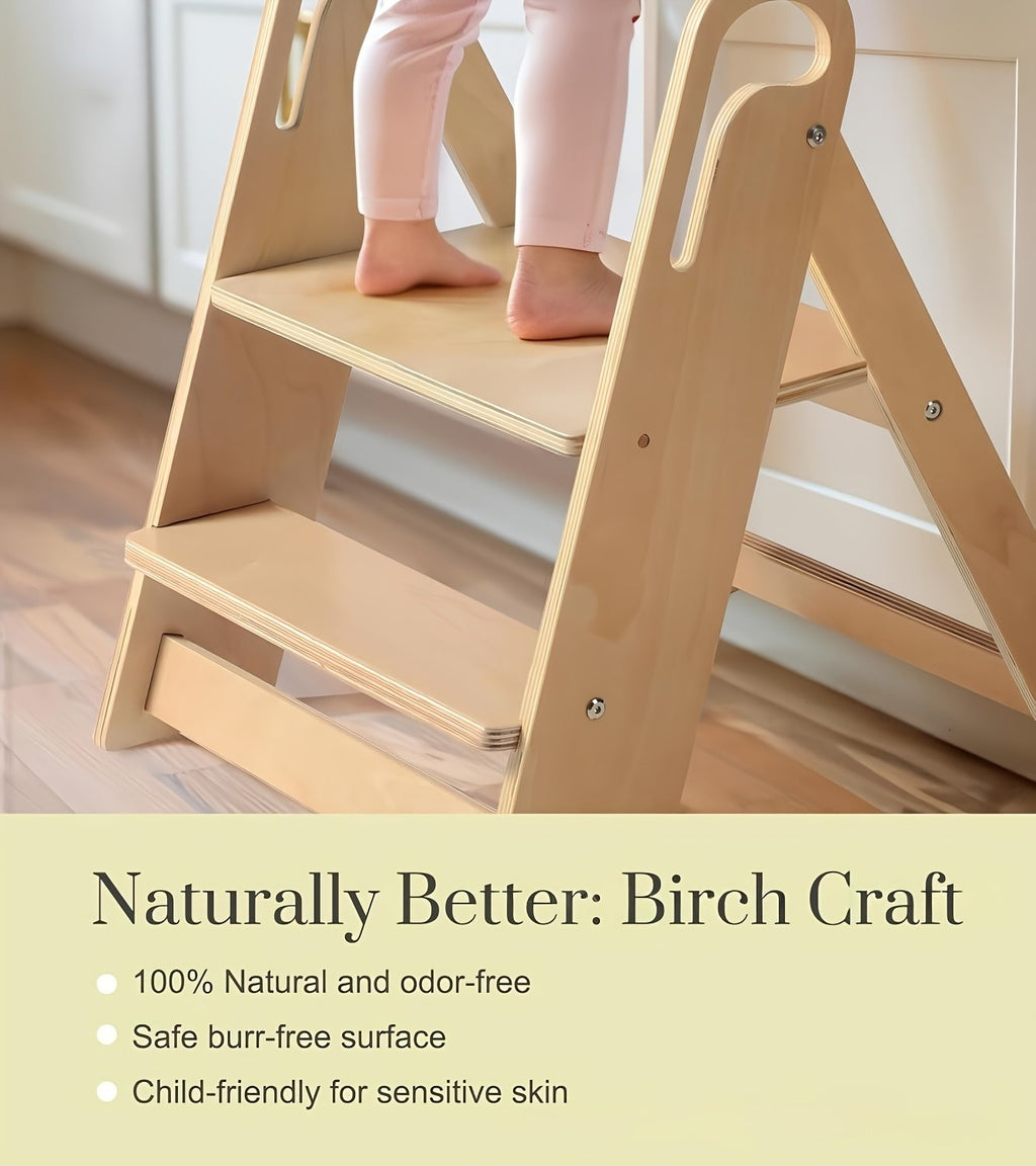 Kids Step Stool Foldable Anti-Slip Double Tier with Handle – Natural Wood Finish Children's Step Stool for Bathroom, Kitchen, Bedroom & Countertops