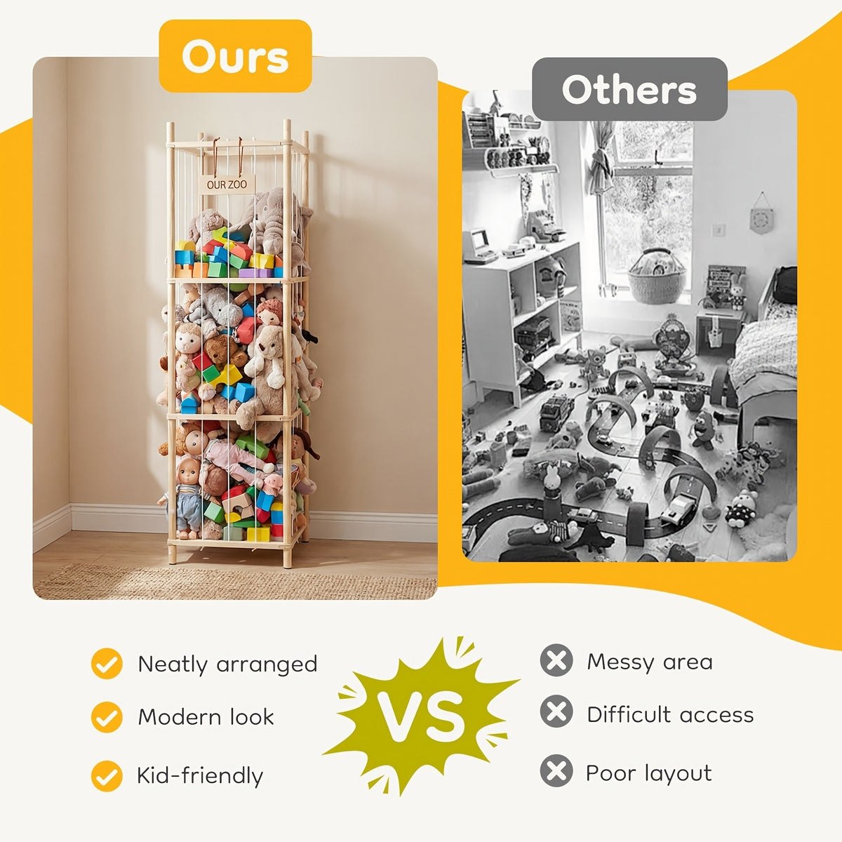 Wooden Stuffed Animal Storage Organizer for Kids, Large Plush Toy Zoo Holder, Space-Saving Corner Rack for Playroom, Bedroom, Nursery & Kids Room, Natural Wood Finish
