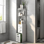 47-Inch Slim Floor Bathroom Storage Cabinet with Toilet Paper Holder & Hidden Trash Can – Narrow PVC Space-Saving Organizer Shelf for Small Bathroom, Apartment, Dorm, Kitchen, Laundry Room & Entryway