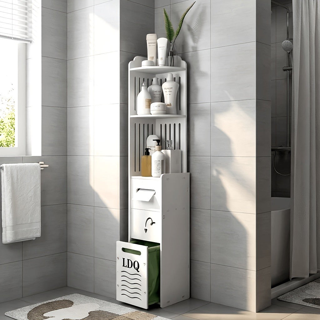 47-Inch Slim Floor Bathroom Storage Cabinet with Toilet Paper Holder & Hidden Trash Can – Narrow PVC Space-Saving Organizer Shelf for Small Bathroom, Apartment, Dorm, Kitchen, Laundry Room & Entryway