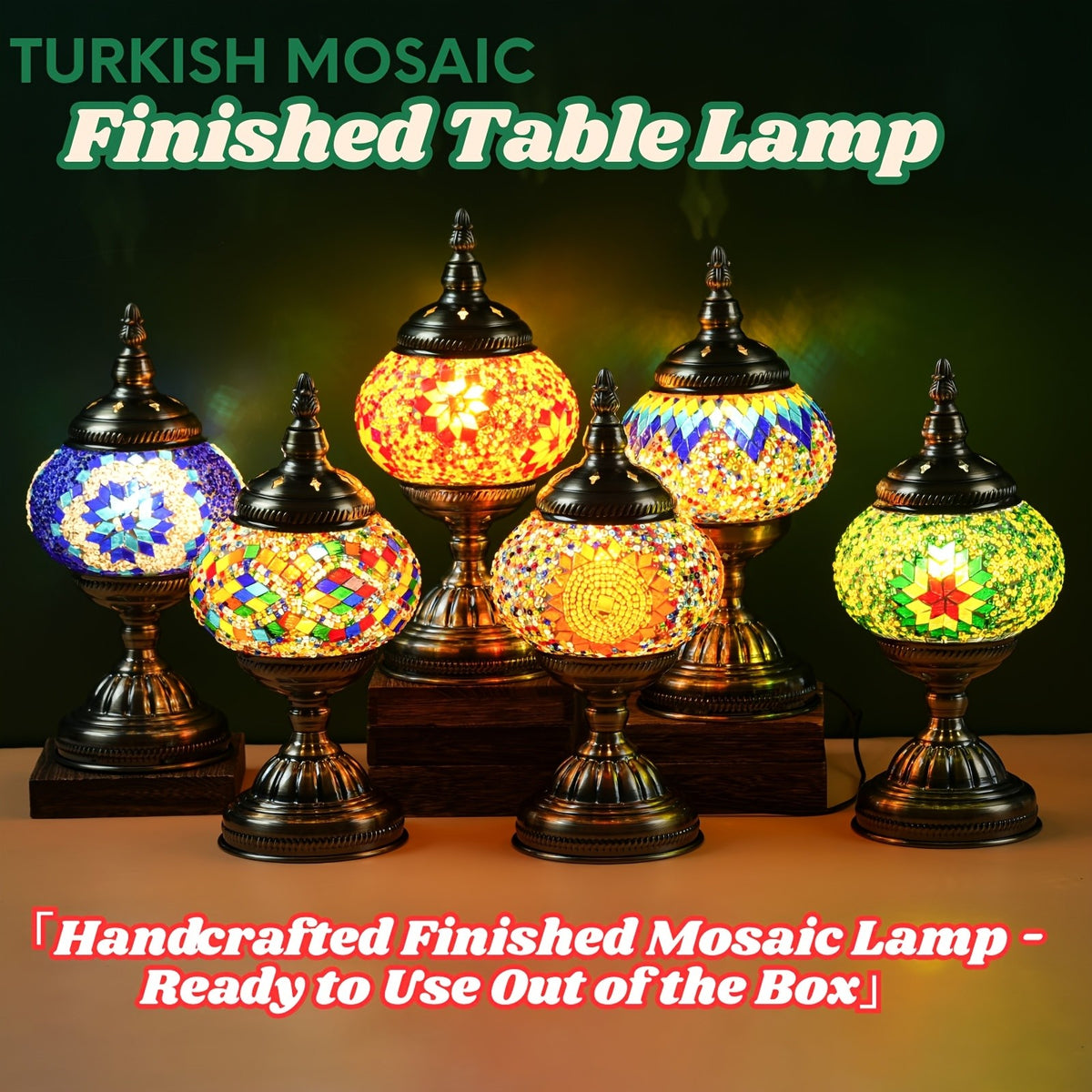 Handmade Turkish Mosaic Table Lamp 3-Color Dimming Glass Bedside Lamp with Metal Base - USB Powered Boho Decorative Light for Bedroom Living Room - Bulb Included, Ready to Use