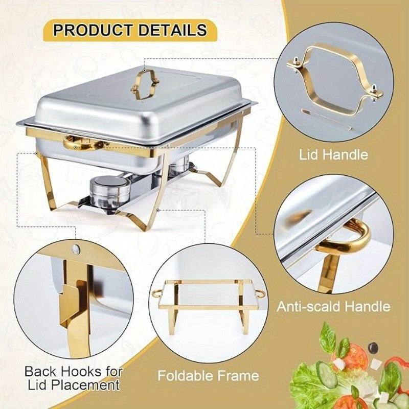 Golden Chafing Dish Buffet Set 9QT Stainless Steel Chafer with Full-Size Pans – Elegant Gold & Silver Finish Food Warmer for Weddings, Parties, Banquets & Catering Events (2 or 4 Pack)