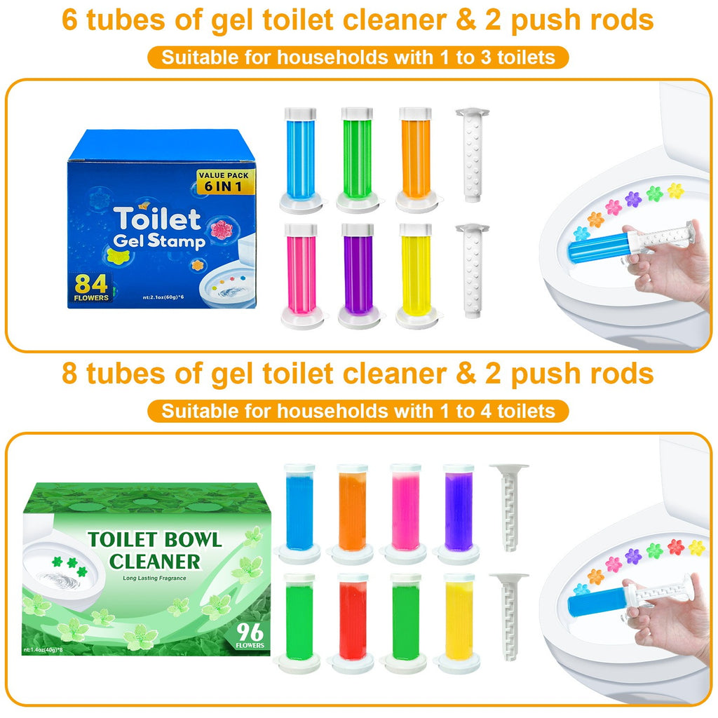 Toilet Cleaning Gel Stamps with Dispenser & Air-Freshening Fragrance – 8 Pieces / 96 Gel Patterns Toilet Bowl Cleaner for Ceramic Surfaces, Bathrooms & Kitchens