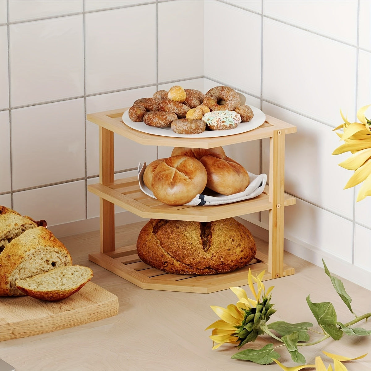 Bamboo Corner Shelf 3-Tier Set of 2 – Countertop & Cabinet Organizer for Kitchen, Bathroom, Spice Rack, Plate & Cup Storage