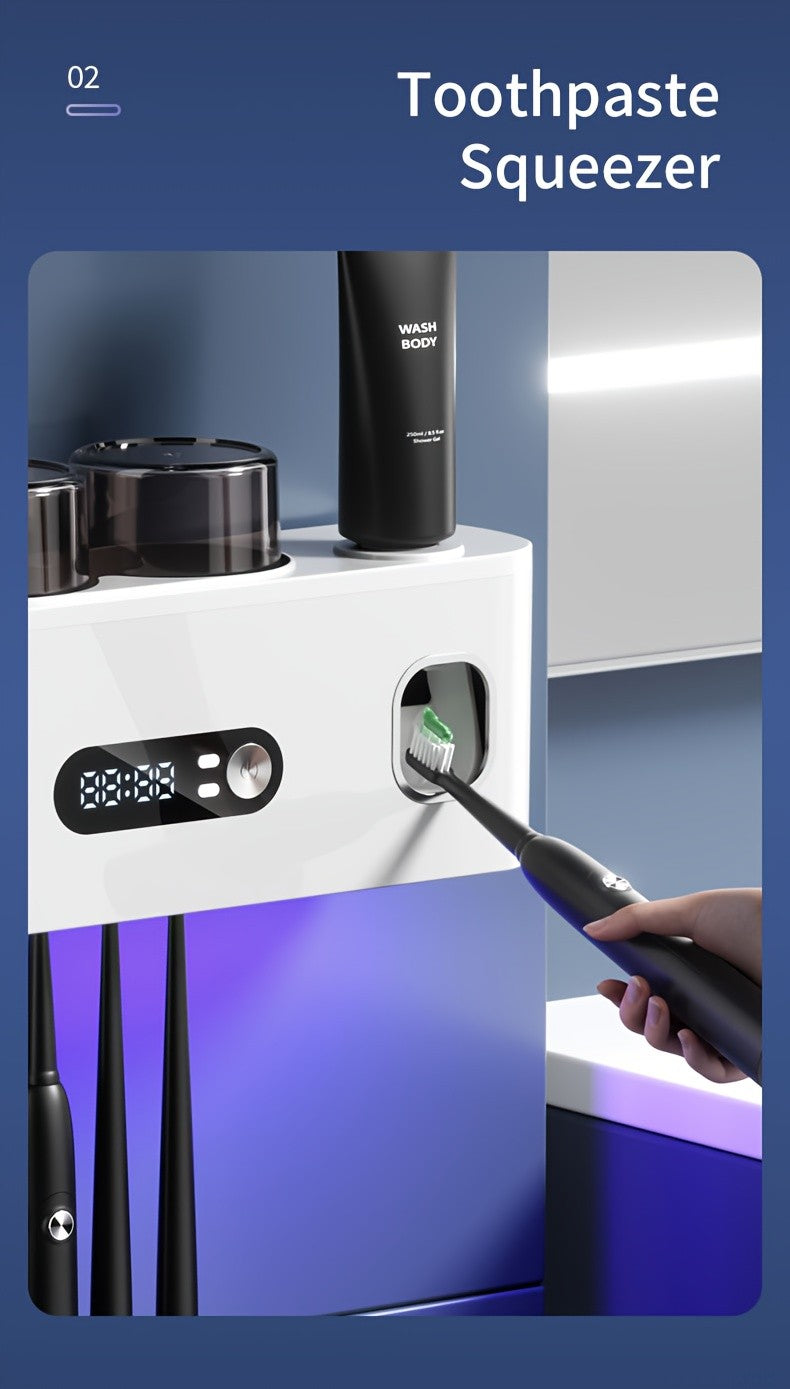 Smart Toothbrush Sterilizer & Organizer with Automatic Toothpaste Dispenser, 5-Slot Holder, 2 Rinse Cups, USB Rechargeable & Clock Display – Modern Bathroom Caddy
