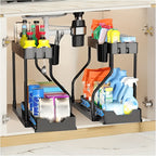 Under Sink Organizer 2-Tier Sliding Cabinet Basket with Hooks – Bathroom Kitchen Under Sink Storage Shelf Rack Organizer