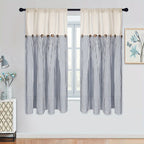 Bohemian Semi-Sheer Linen Cotton Curtains Grommet Top – Patchwork Country Cottage Window Drapes, 1 or 2 Panels, All Season, Bedroom Living Room Kitchen Bathroom Cafe Decor | Blue Green Dark Blue