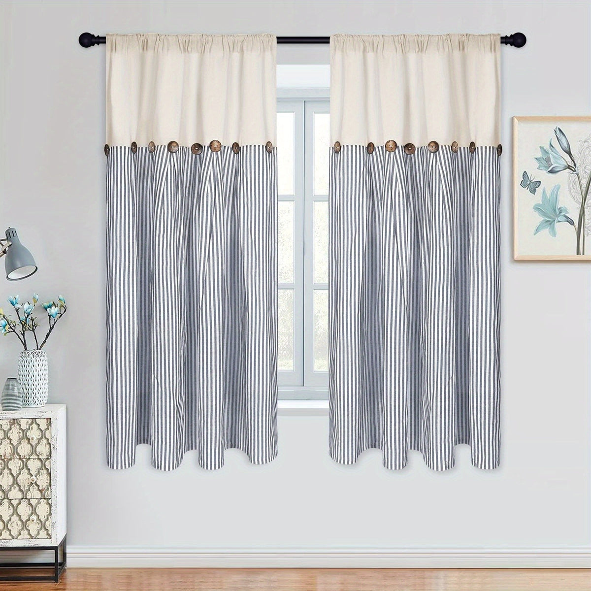 Bohemian Semi-Sheer Linen Cotton Curtains Grommet Top – Patchwork Country Cottage Window Drapes, 1 or 2 Panels, All Season, Bedroom Living Room Kitchen Bathroom Cafe Decor | Blue Green Dark Blue
