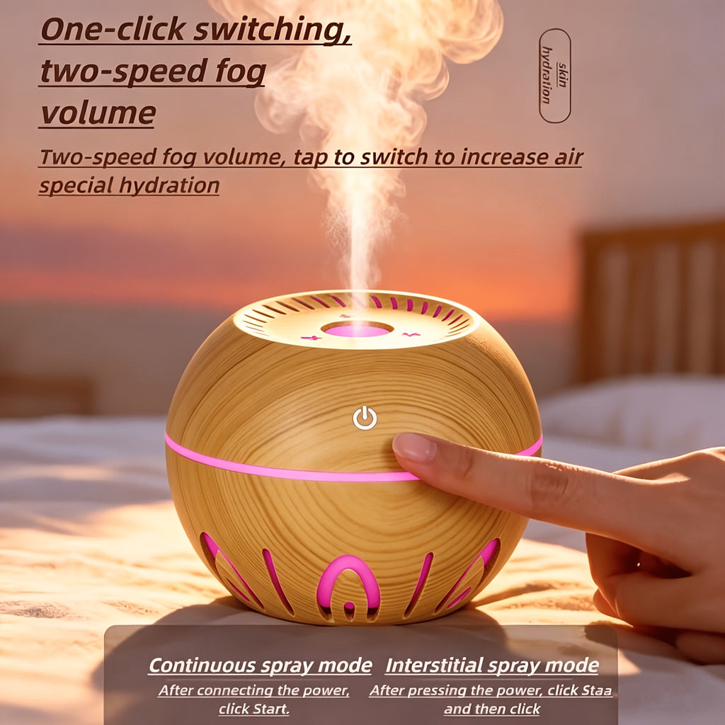 USB Mini Humidifier Aromatherapy Diffuser 2-in-1 Seven-Color LED Night Light Auto Shut-Off Quiet Desktop for Bedroom Office Home Dark Light Wood
