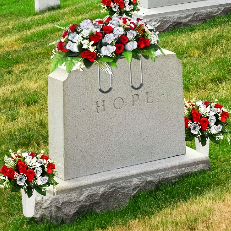 Artificial Cemetery Flowers for Grave with Saddles Silky Rose Bouquets with Vases Headstone Flower Saddle Memorial Day Outdoor Grave Headstone Decoration