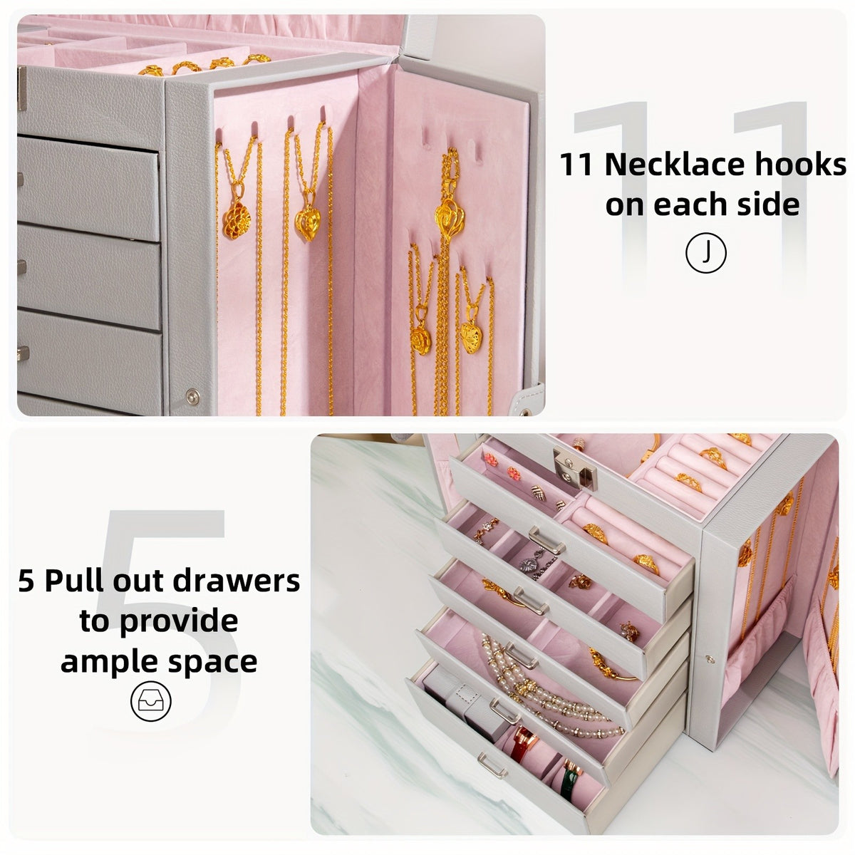 Jewelry Box with Lock & Mirror, Large 6-Tier Jewelry Case with 5 Drawers, Lockable Jewelry Storage Organizer for Women, Girls & Loved Ones — Jewelry Armoire Gift