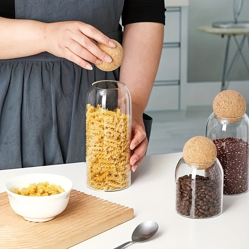 Glass Storage Jars Set of 3 Large Airtight Pantry Jars with Cork Ball Lid & Spoon – Transparent Sealed Canisters for Coffee Beans, Tea, Sugar, Spices & Candy