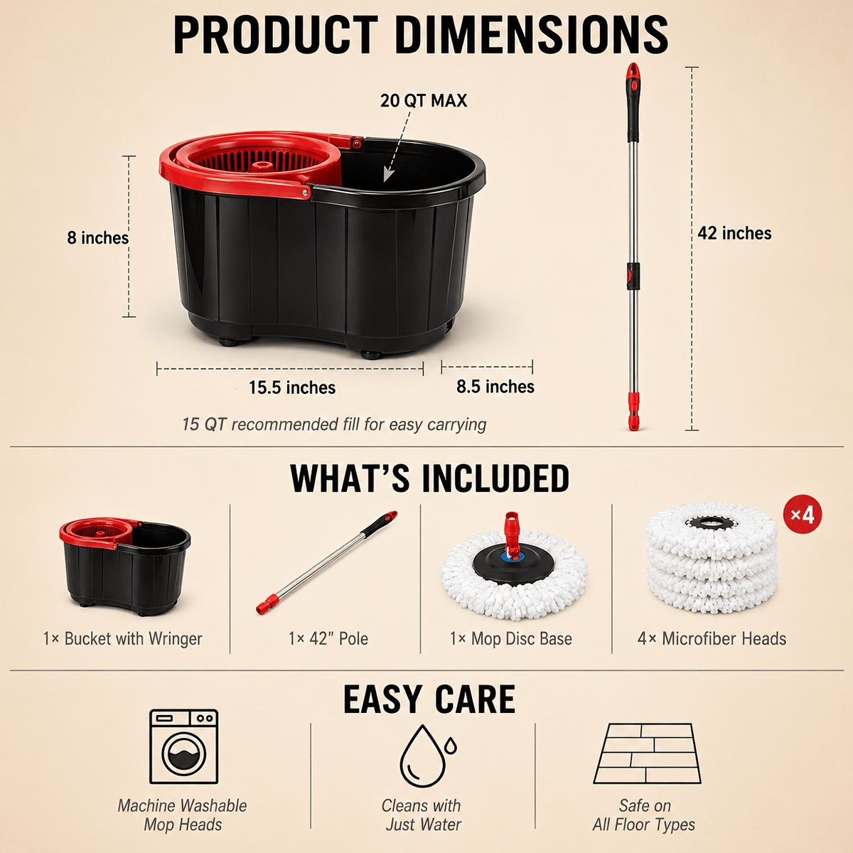 Spin Mop and Bucket Set with 4 Microfiber Heads - Compact Self-Wringing Hands-Free Floor Mop for Apartments Dorms & Small Spaces Fits Under Sink