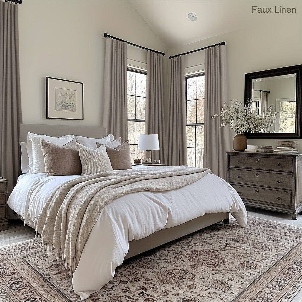 100% Blackout Faux Linen Curtains 4 Panels - Thermal Insulated Drapes with Clip Rings or Rod Pocket, Extra Wide 50" Panels for Bedroom Living Room, 10 Colors 4 Lengths