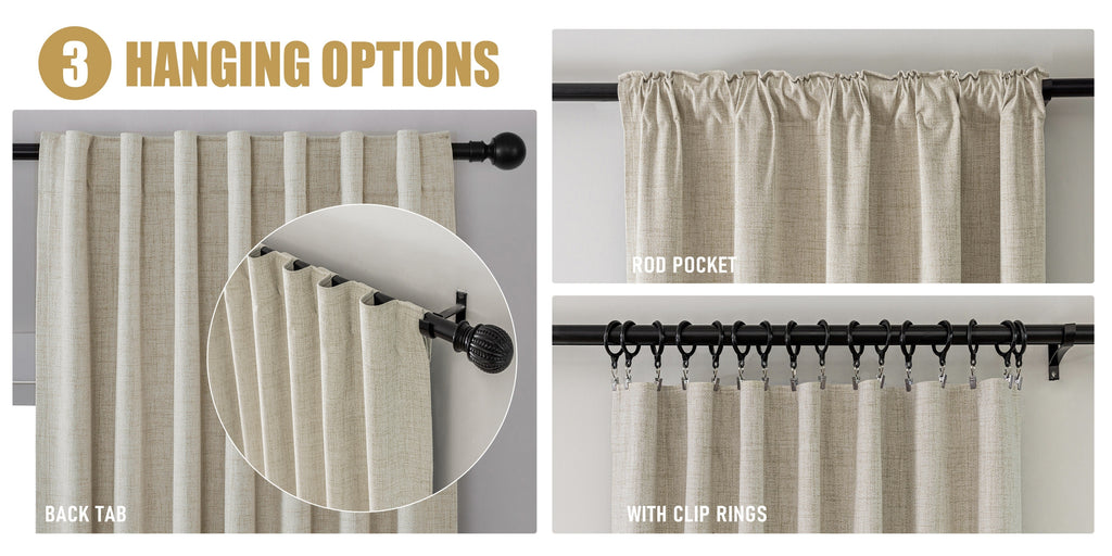 Faux Linen Blackout Curtains 2 Panels for Bedroom & Living Room – 100% Blackout, Back Tab & Rod Pocket, Thermal Insulated Farmhouse Drapes