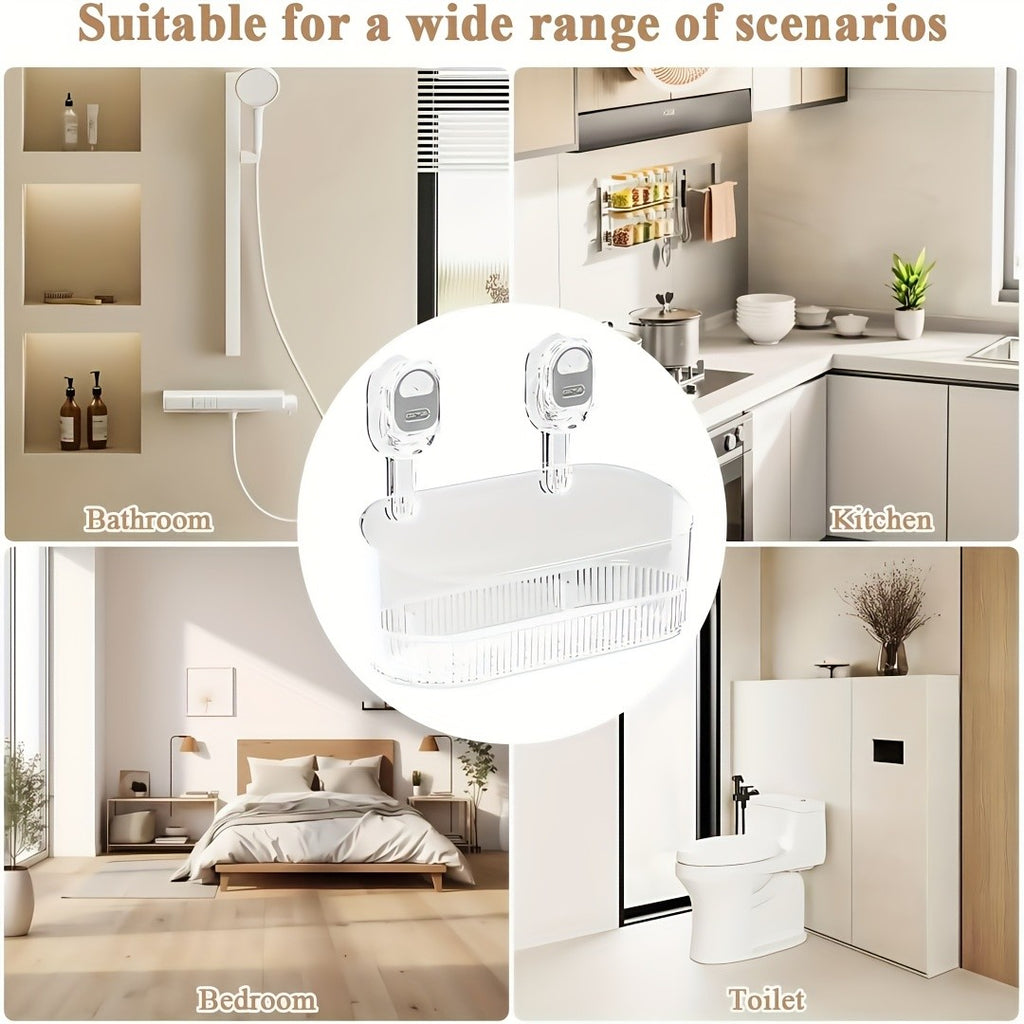 Suction Cup Shower Caddy – No-Drill Wall-Mounted Bathroom Organizer Shelf, Holds 10 lbs, Corrugated Grip, ABS Plastic Rack for Shower Essentials, Cosmetics & Toiletries (1 or 2 Pack)