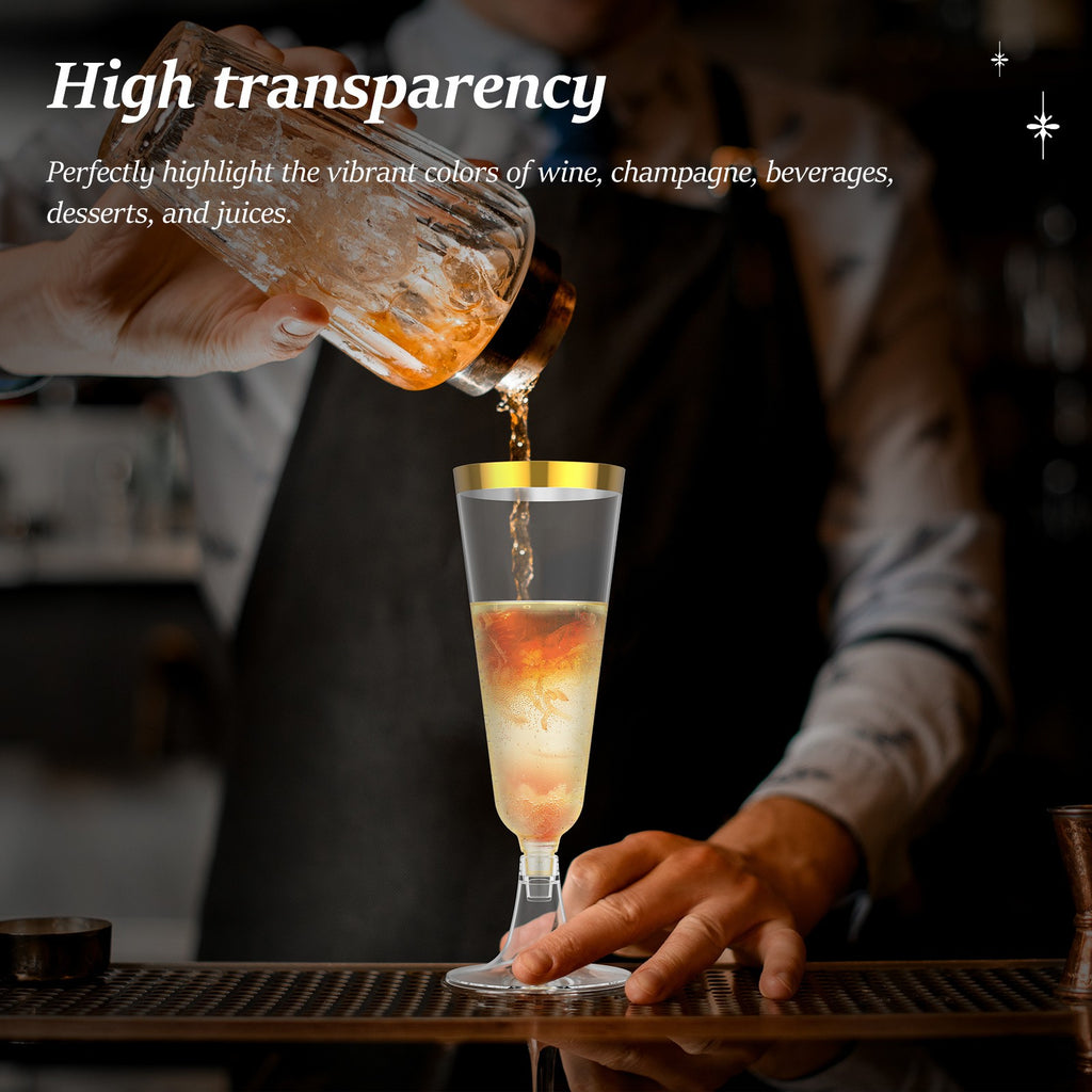 Plastic Champagne Flutes 50 Pack Gold Rim Shatterproof Reusable Wedding Party Glasses 5oz Clear PP Toasting Flute Set for Weddings Parties Buffets