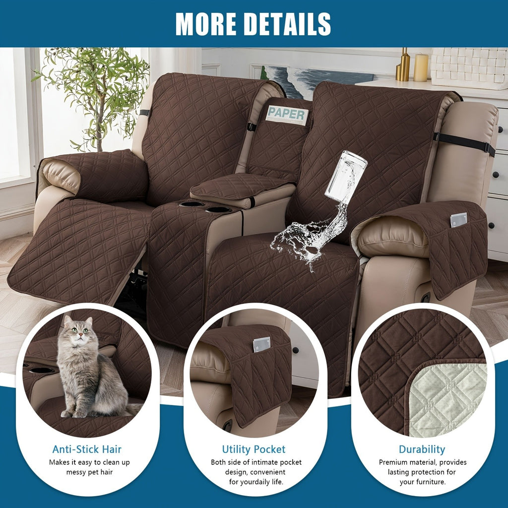 Recliner Loveseat Cover with Console 4-Piece Chenille Quilted Waterproof Slipcover | Non-Slip Pet Scratch Resistant Sofa Protector with Cup Holder Pocket, 9 Colors