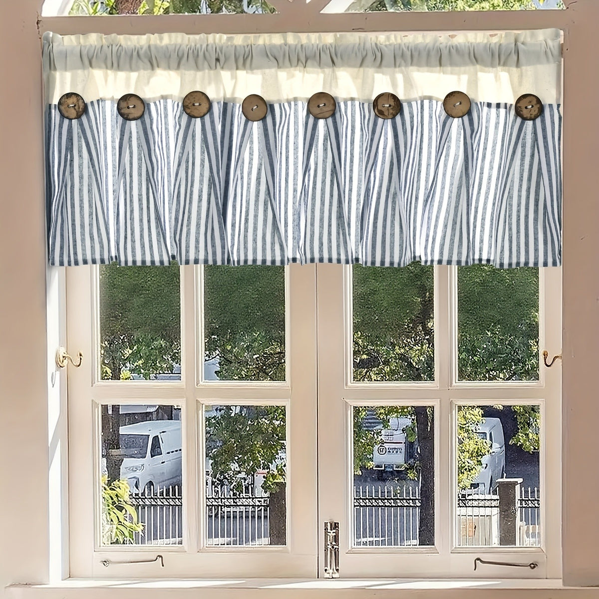 Bohemian Semi-Sheer Linen Cotton Curtains Grommet Top – Patchwork Country Cottage Window Drapes, 1 or 2 Panels, All Season, Bedroom Living Room Kitchen Bathroom Cafe Decor | Blue Green Dark Blue