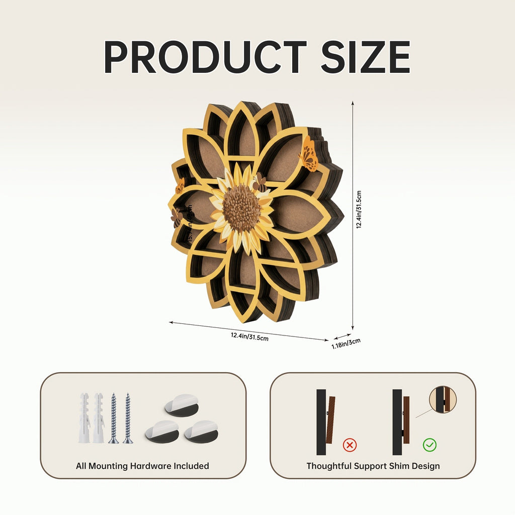 Wooden Sunflower Floating Shelf Wall-Mounted UV Printed Spiritual Decor – Crystal & Essential Oil Organizer, Meditation Room Wall Art, Living Room Storage Shelf