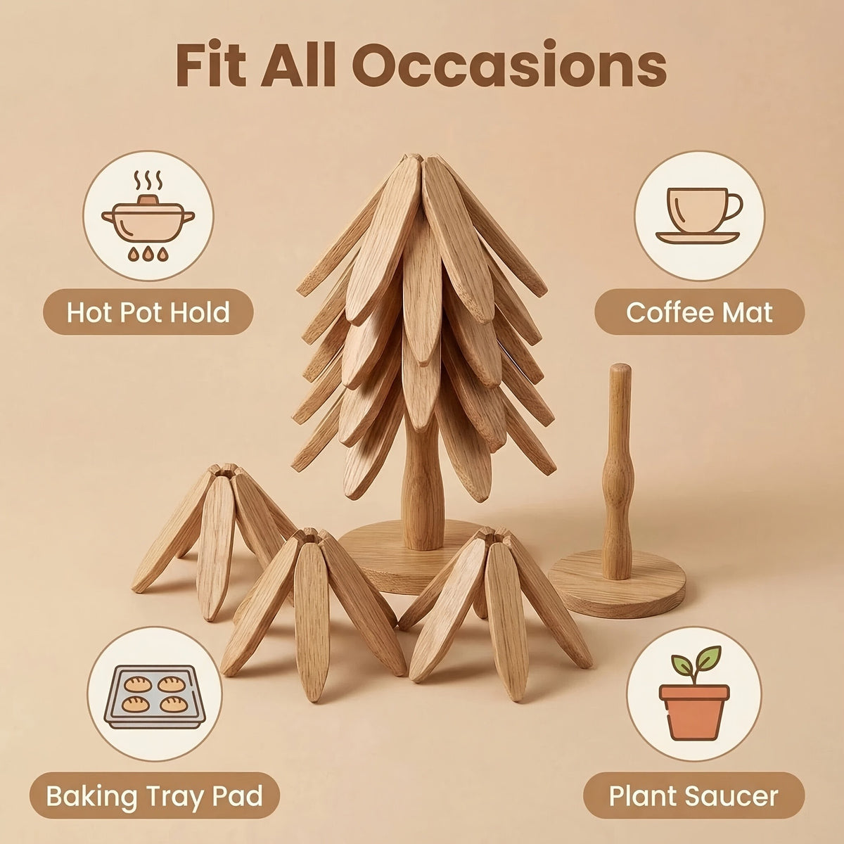 Tree Shaped Trivet Set Foldable Wooden Hot Pot Holder - Decorative Heat Resistant Trivet Mats for Kitchen Counter and Dining Table, Space Saving Stackable Leaf Trivet Set