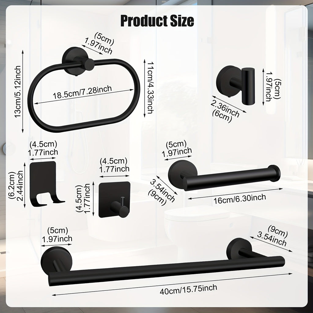 Matte Black Bathroom Hardware Set 7 Piece 304 Stainless Steel – 16" Towel Bar, Paper Holder, Towel Ring & 4 Robe Hooks Wall Mounted