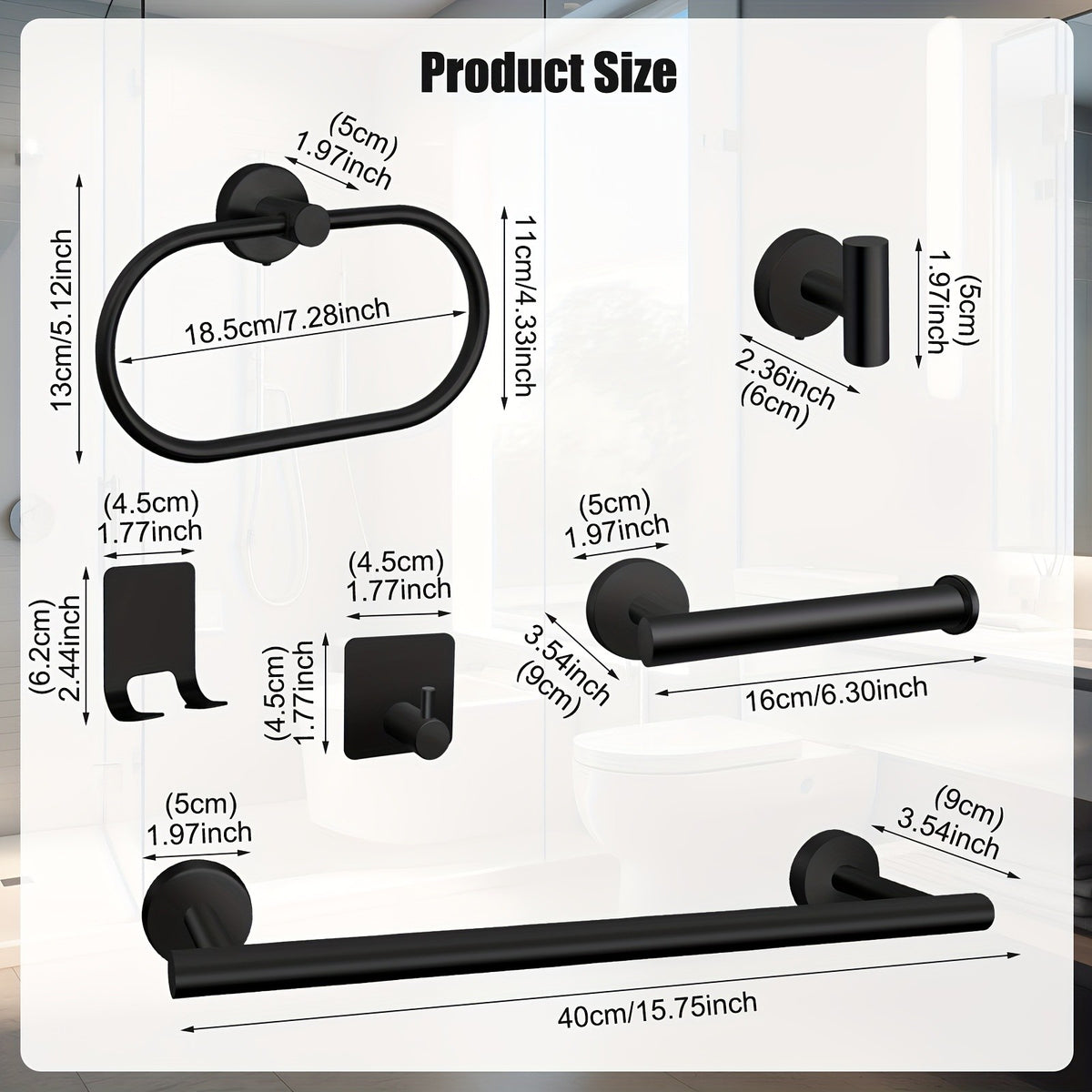 Matte Black Bathroom Hardware Set 7 Piece 304 Stainless Steel – 16" Towel Bar, Paper Holder, Towel Ring & 4 Robe Hooks Wall Mounted