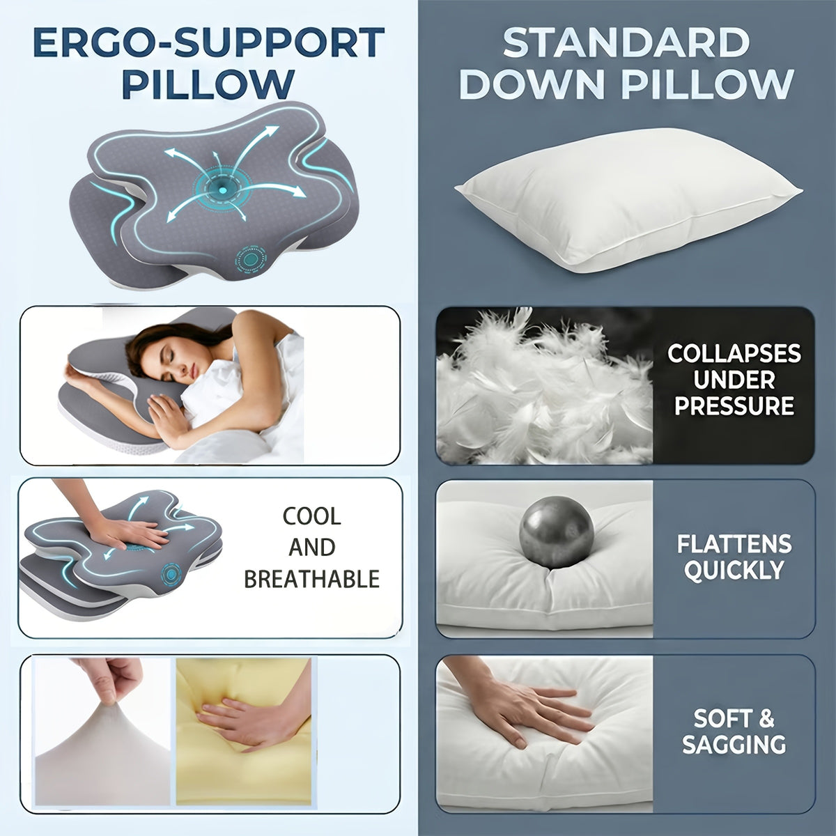 Ergonomic Cervical Memory Foam Pillow – Contour Support with Cooling Silk Cover | White & Gray