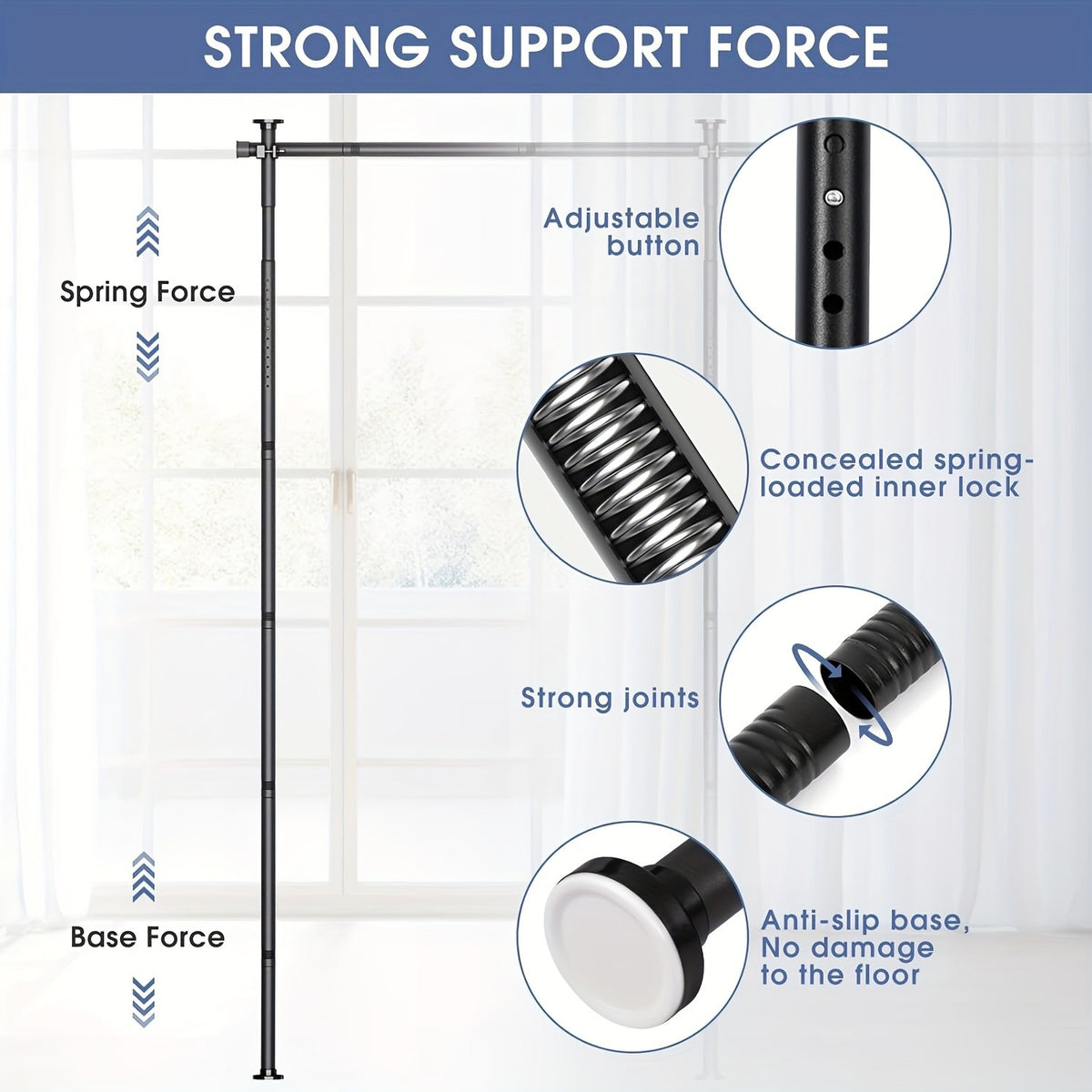 Room Divider Curtain No Drill Floor to Ceiling Tension Rod Adjustable Privacy Screen 4-10ft Height 29-146in Width Metal Frame Bedroom Office Renters Black