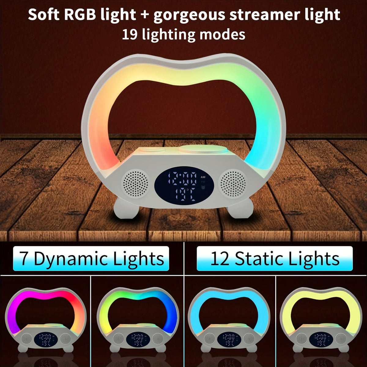 RGB Night Light 6 in 1 Wireless Speaker Alarm Clock Wireless Charging Phone Watch Temperature Display Bedroom Teen Gift Halloween Christmas Decor Black White