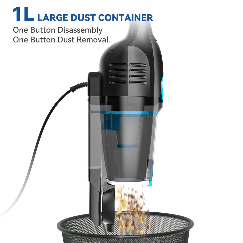 Corded Vacuum Cleaner Lightweight with Powerful Suction – 1L Dust Cup, 6-Stage Filtration, 90° Tilt, Self-Standing Design for Floors Stairs Carpet Hardwood Tile Pet Hair