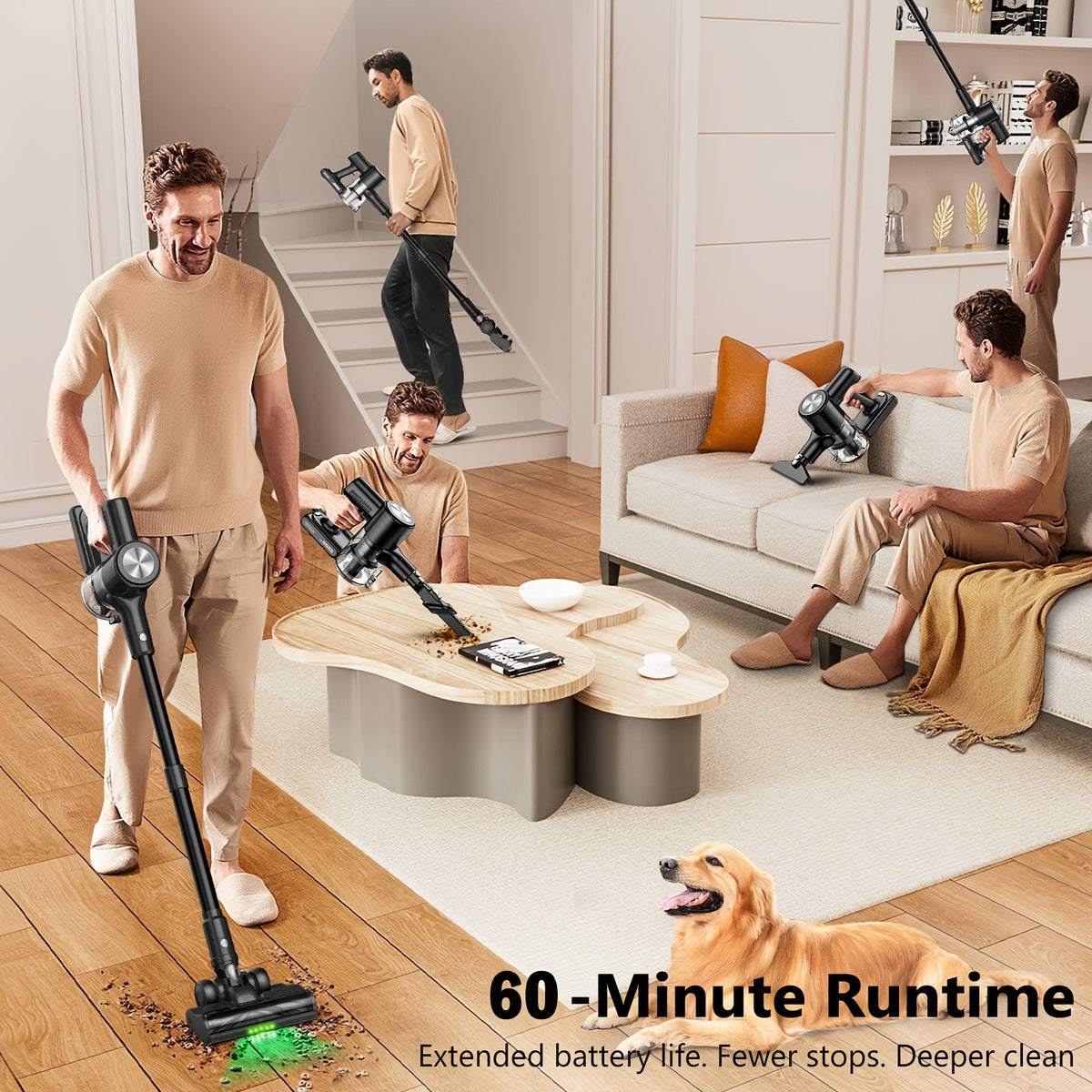 45KPA Cordless Vacuum Cleaner 8-in-1 Lightweight Stick Vacuum Green Light Anti-Tangle Floor Brush for Carpet Pet Hair Tile Hardwood 4 Colors
