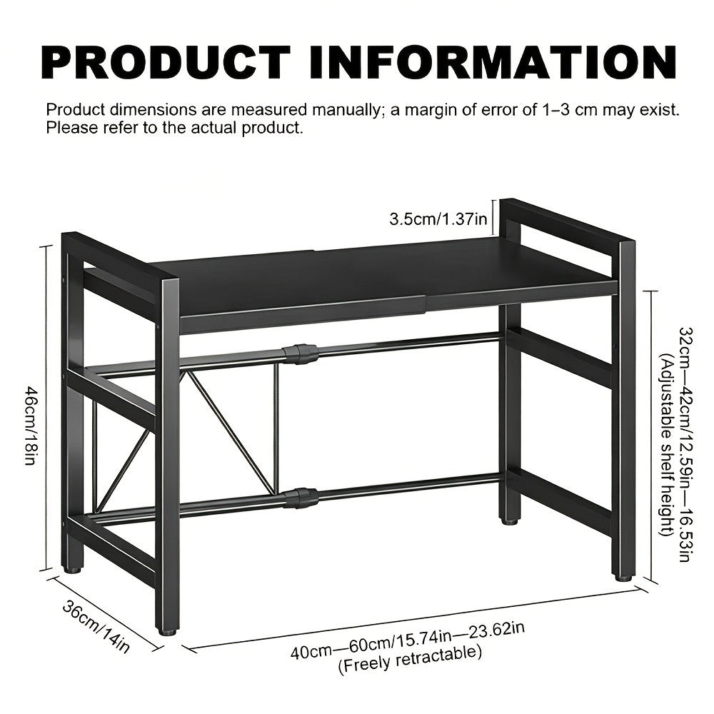 Microwave Oven Rack Expandable Countertop Shelf – Heavy Duty Carbon Steel Stand with 6 Hooks, Adjustable Height & Width, Dust Cover Included