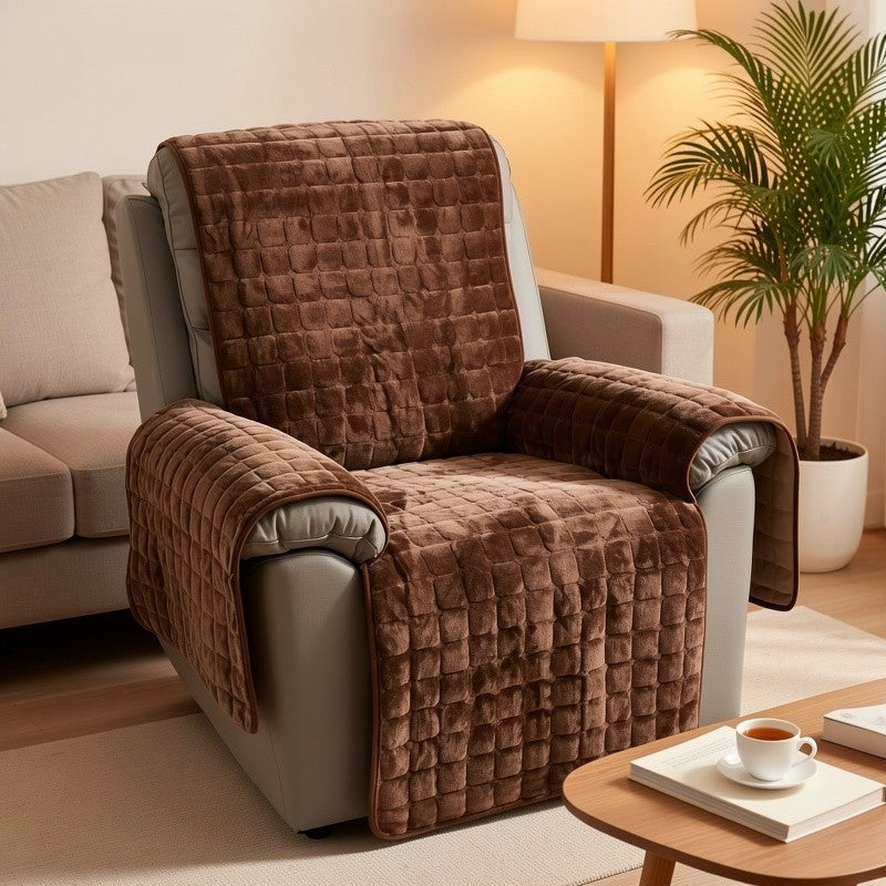 Velvet Lounge Chair Cover with Pocket Anti Slip Elastic Slipcover - Soft Plush Sofa Protection Cover for Living Room Office Home Decor, Brown Grey 53x75in