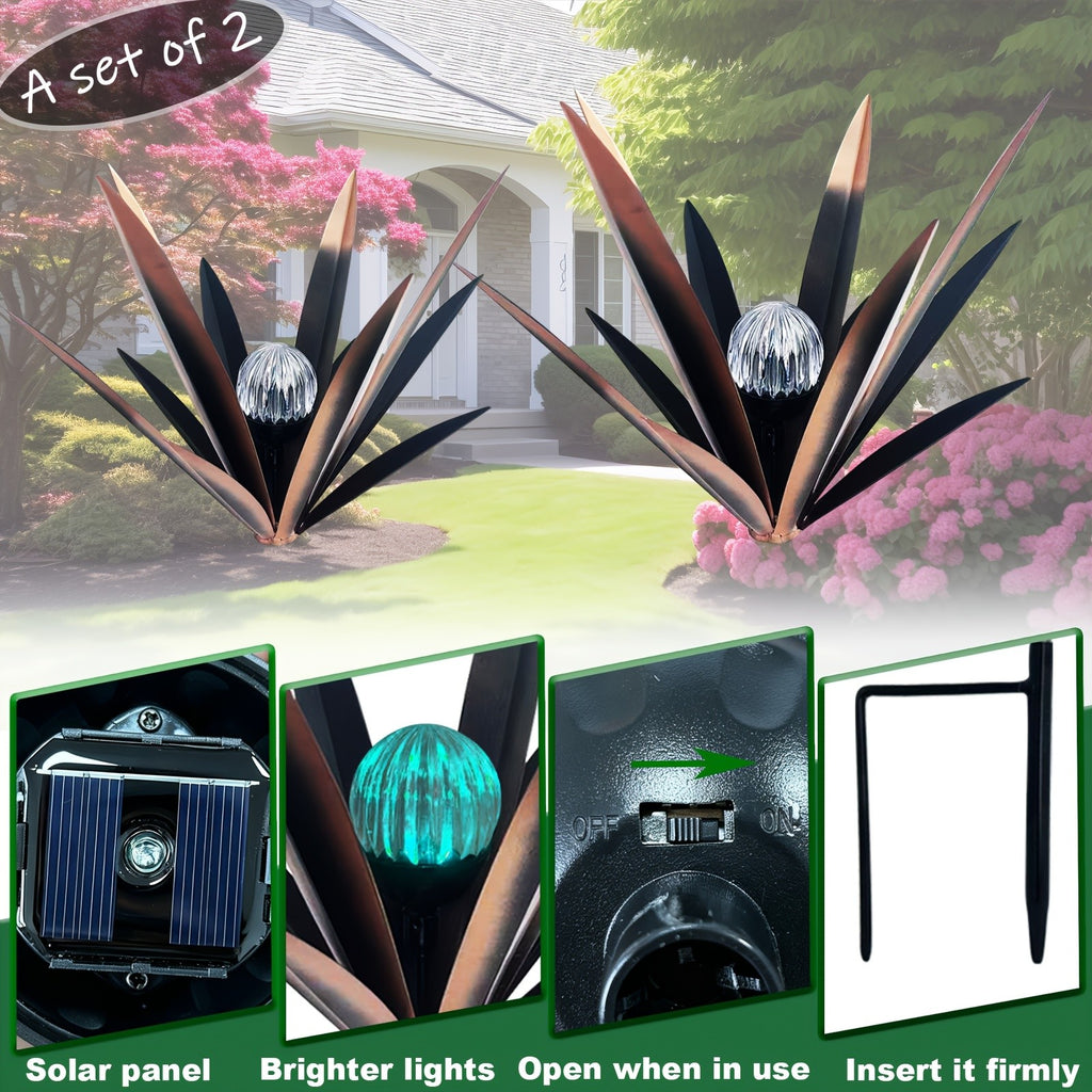 Metal Agave Solar Garden Lights Set of 2 (Large & Small) – Auto Dusk-to-Dawn Outdoor Stake Lights for Lawn, Courtyard, Garden & Patio Decor, 8 Color Options