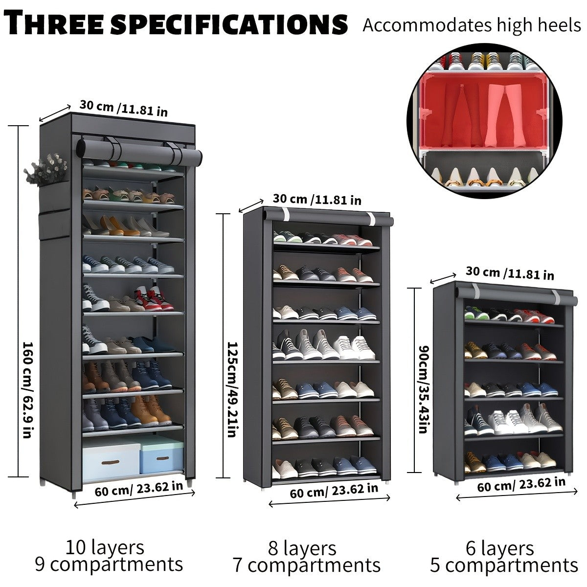 Shoe Organizer Cabinet with Cover – 6/8/10 Tier Nonwoven Fabric Shoe Storage Shelf for 27-35 Pairs, Portable Shoe Rack for Entryway, Closet, Bedroom (Dark Gray)
