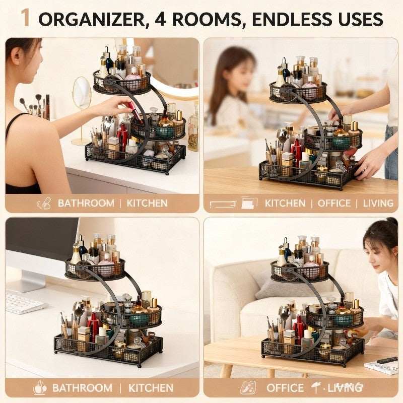 Lacquered Metal Cosmetic Storage Organizer, 1, 2 & 3-Tier Rust-Proof Welded Basket, Space-Saving Vanity Organizer for Lipstick, Perfume & Skincare — Black & White, Ideal Beauty Gift
