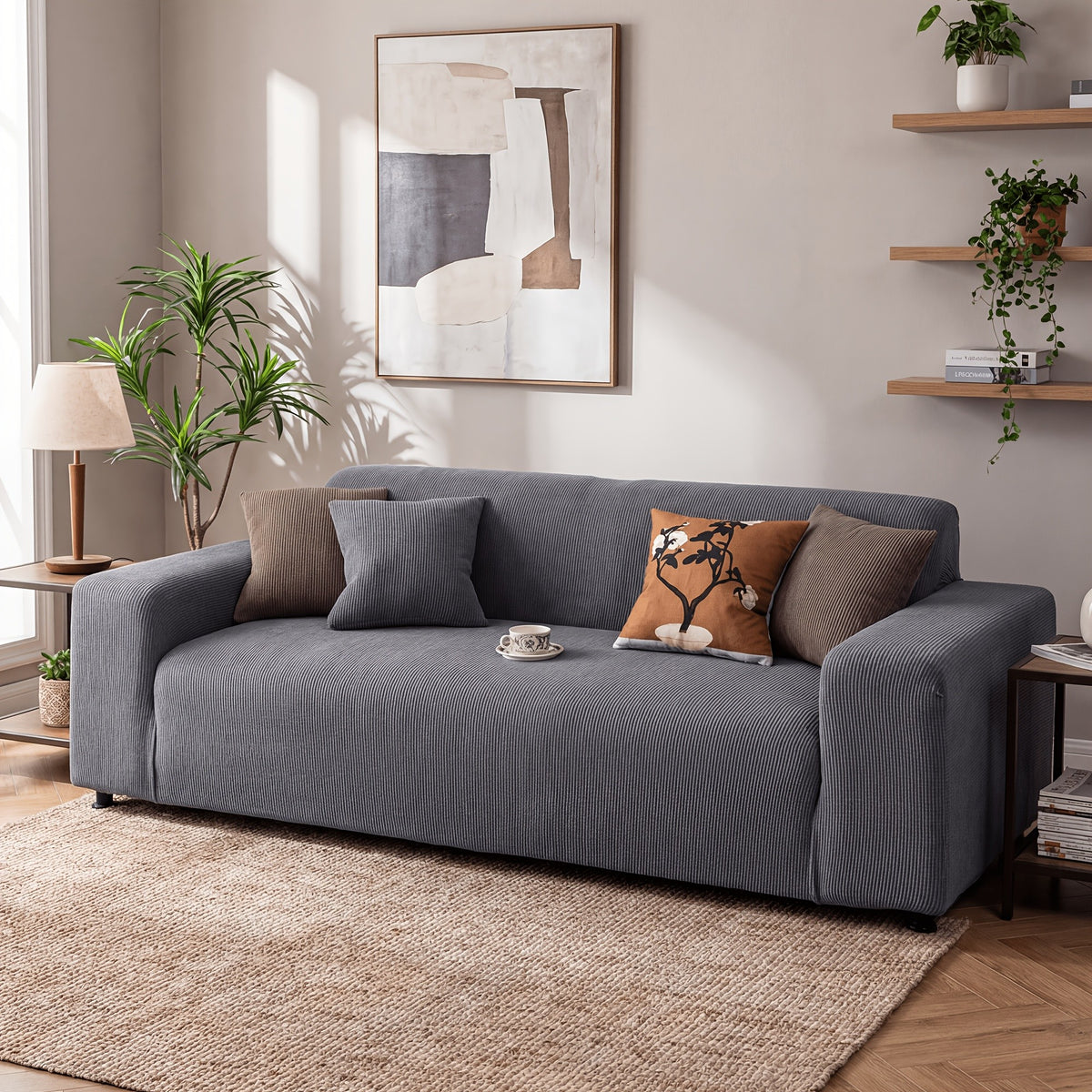 Chenille Sofa Cover Textured Stripe Elastic Full Cover Non-Slip Washable Scratch-Resistant Couch Slipcover for 1 2 3 4 Seater Living Room Office Green Gray Coffee Beige