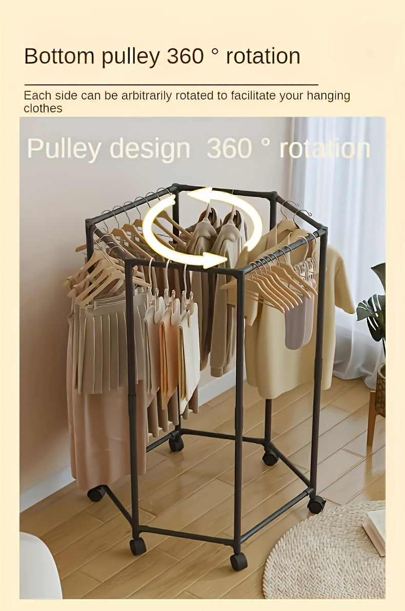 Hexagonal Rotating Clothes Rack with Wheels Large Capacity Freestanding Garment Rack for Bedroom Closet Entryway
