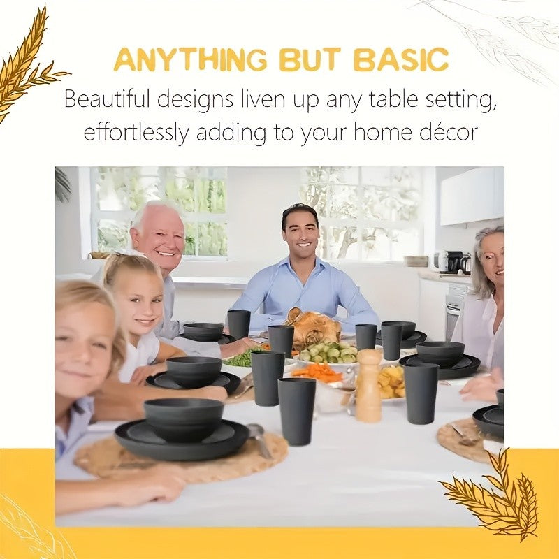 32-Piece Wheat Straw Dinnerware Set for 8 – Unbreakable Plastic Plates, Dessert Plates, Bowls & Cups for Outdoor Camping, Halloween & Weddings – Colorful, BPA-Free Tableware