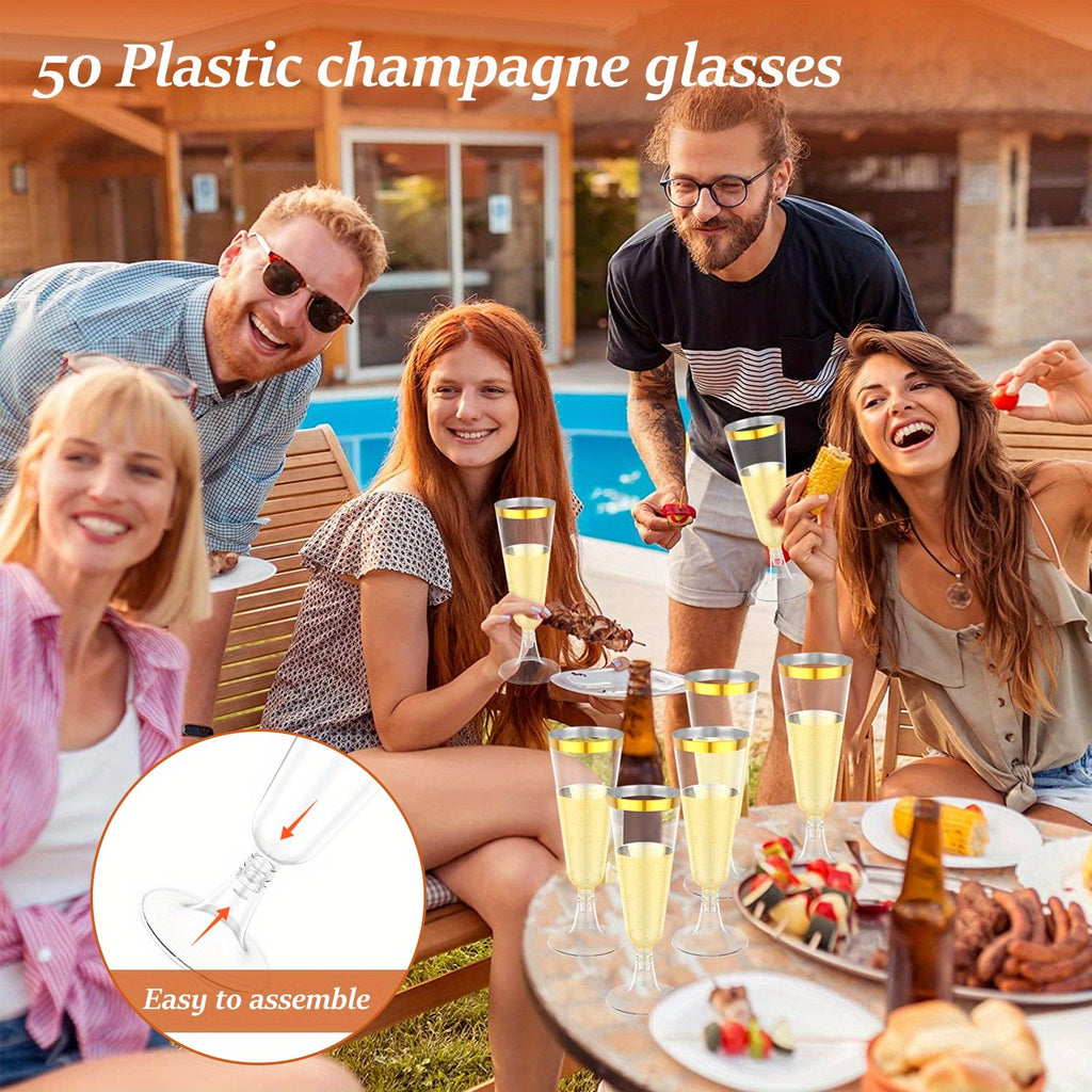 Plastic Champagne Flutes 50 Pack Gold Rim Shatterproof Reusable Wedding Party Glasses 5oz Clear PP Toasting Flute Set for Weddings Parties Buffets