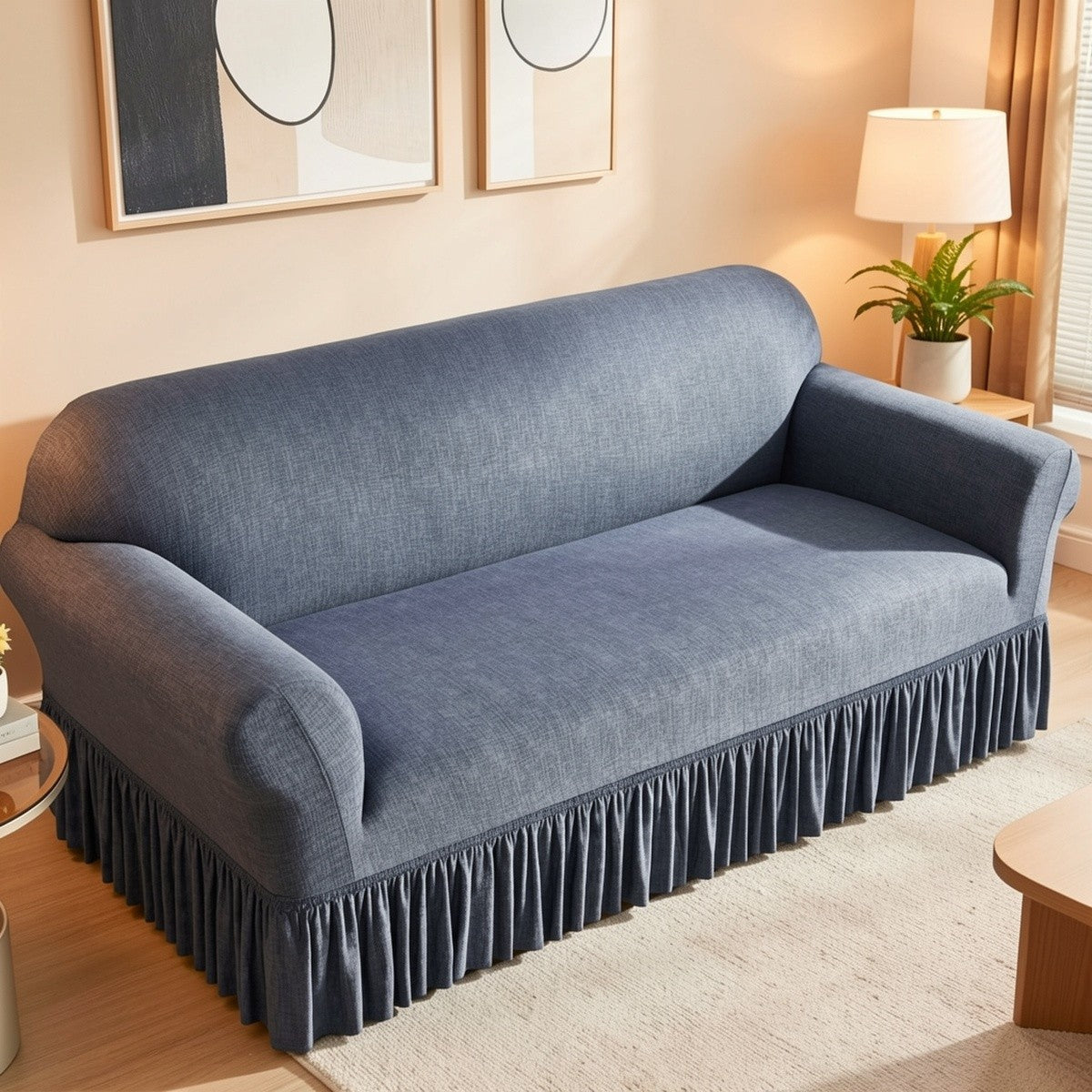 Elastic Sofa Cover with Skirt Full Coverage Printed Slipcover Machine Washable Universal Fit 2 3 4 Seater Couch Protector Living Room