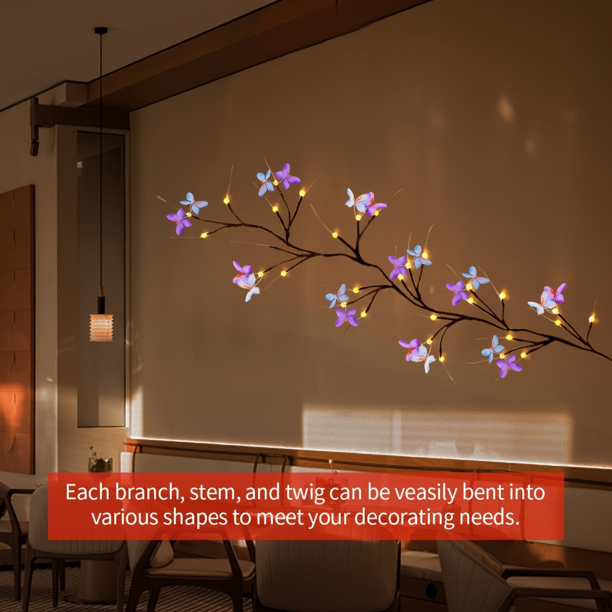 LED Willow Vine Fairy Lights with Butterfly Decoration - 37 LEDs 8 Modes USB Powered Flexible Branch String Light for Indoor Wall Bedroom Home Decor, Warm White