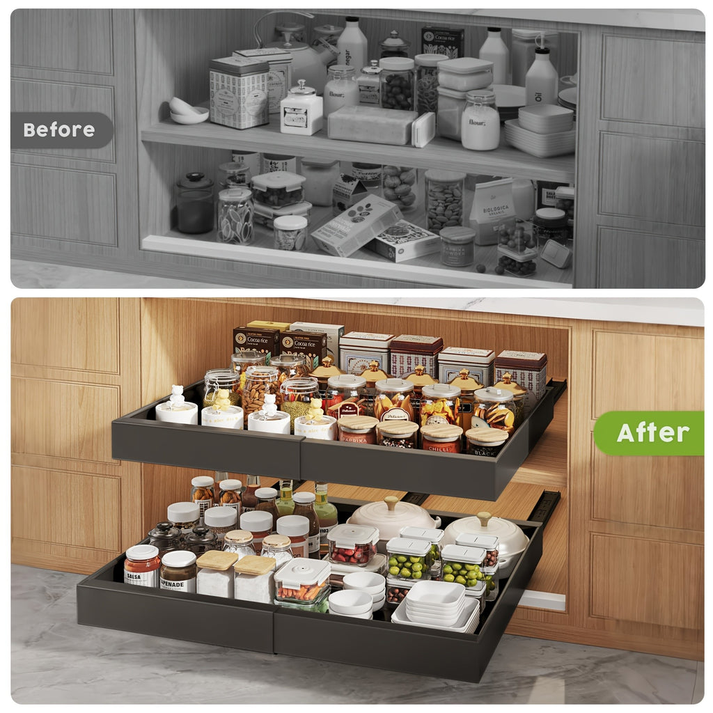 Slide-Out Cabinet Organizer Drawer – Heavy Duty 2 or 4 Drawer, 17" Deep Expandable 12.6"-20.6" Wide, Ultra-Quiet Rails, Anti-Rust Carbon Steel, Adhesive or Drill Mount for Kitchen, Bathroom & Garage