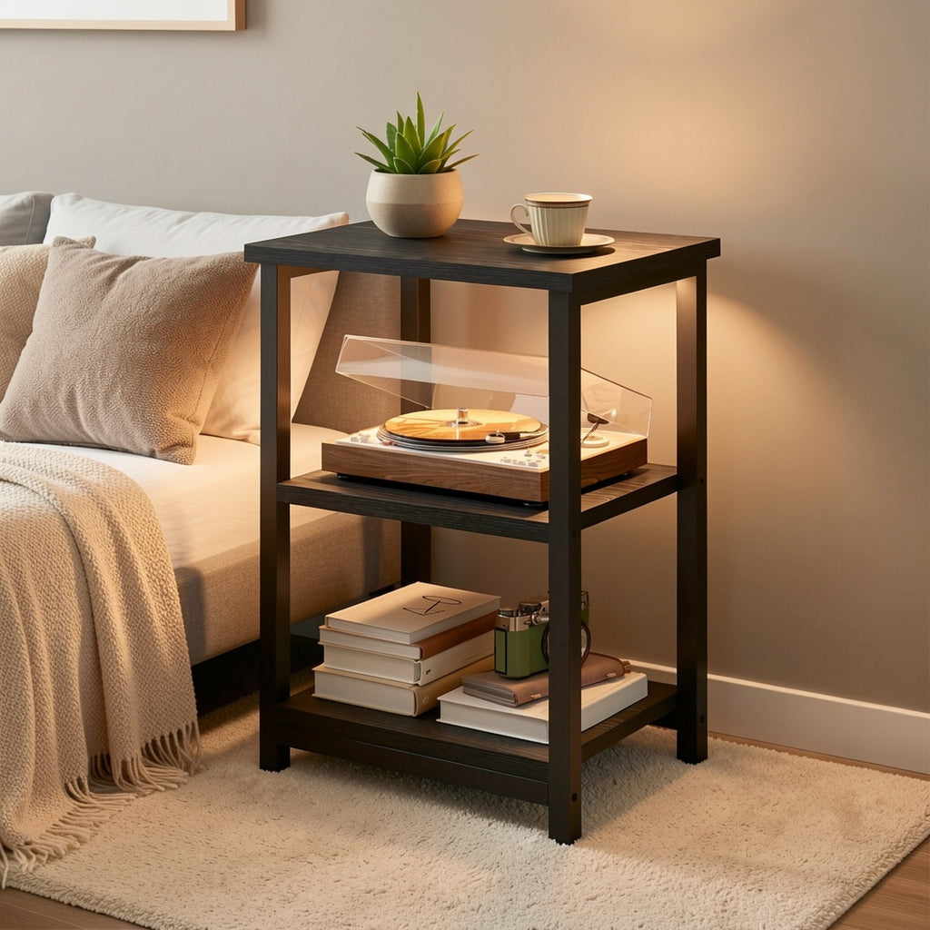 3-Tier Nightstand Side Table – Heavy Duty Steel Frame End Table for Bedroom Living Room Office Bathroom, Classic Black, 13.4"x11.8"x22.8"