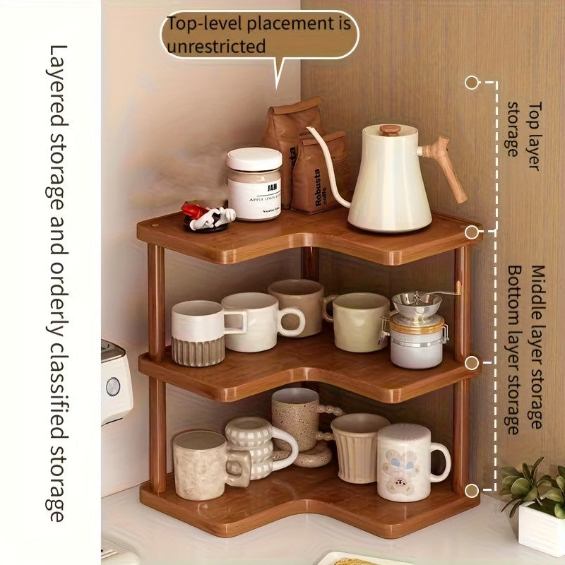 Corner Shelf Countertop Organizer, Triangular Multi-Tier Kitchen Storage Rack for Coffee Accessories, Cups, Spices & Kitchen Essentials, Space-Saving Corner Stand for Counter, Bathroom & Office