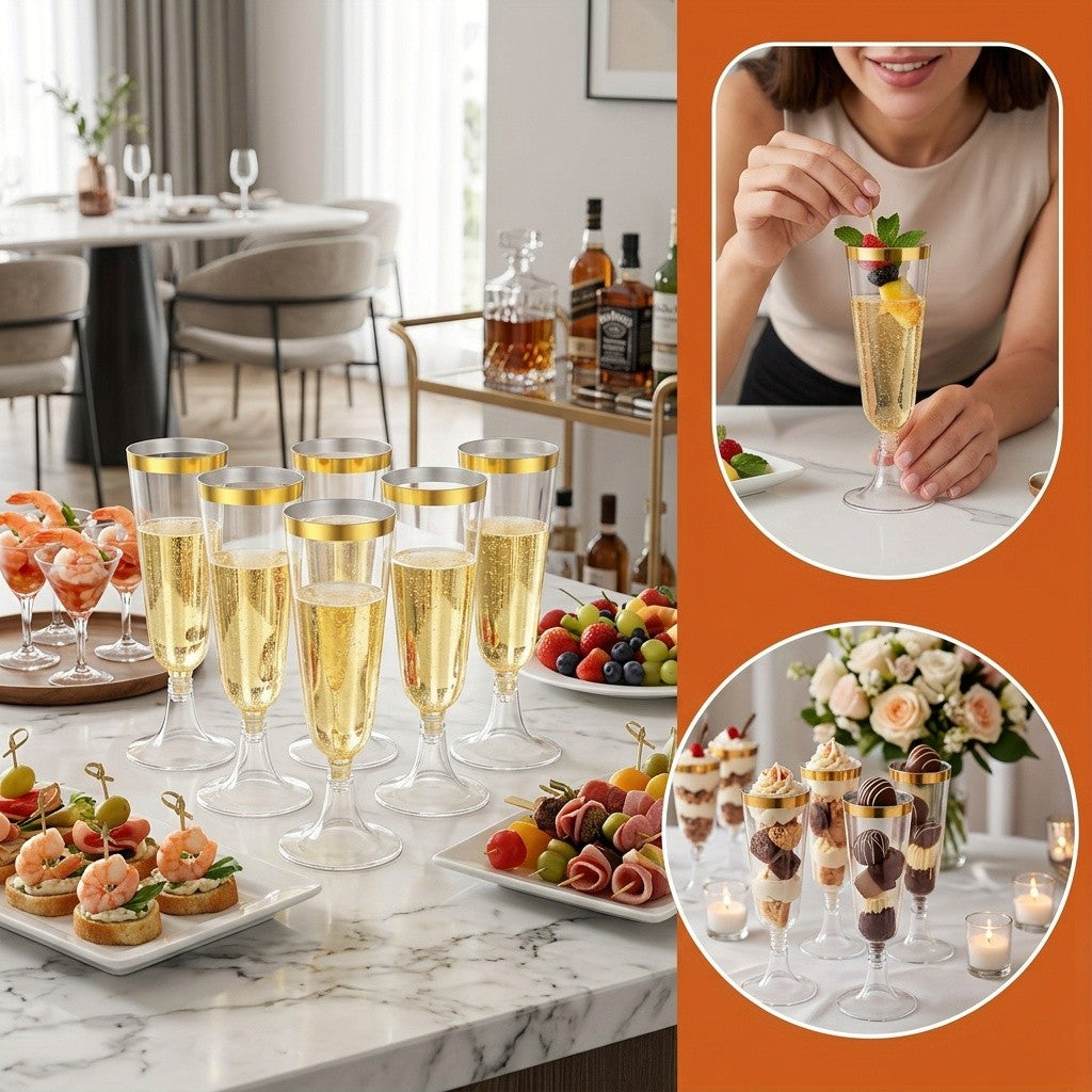 Plastic Champagne Flutes 50 Pack Gold Rim Shatterproof Reusable Wedding Party Glasses 5oz Clear PP Toasting Flute Set for Weddings Parties Buffets