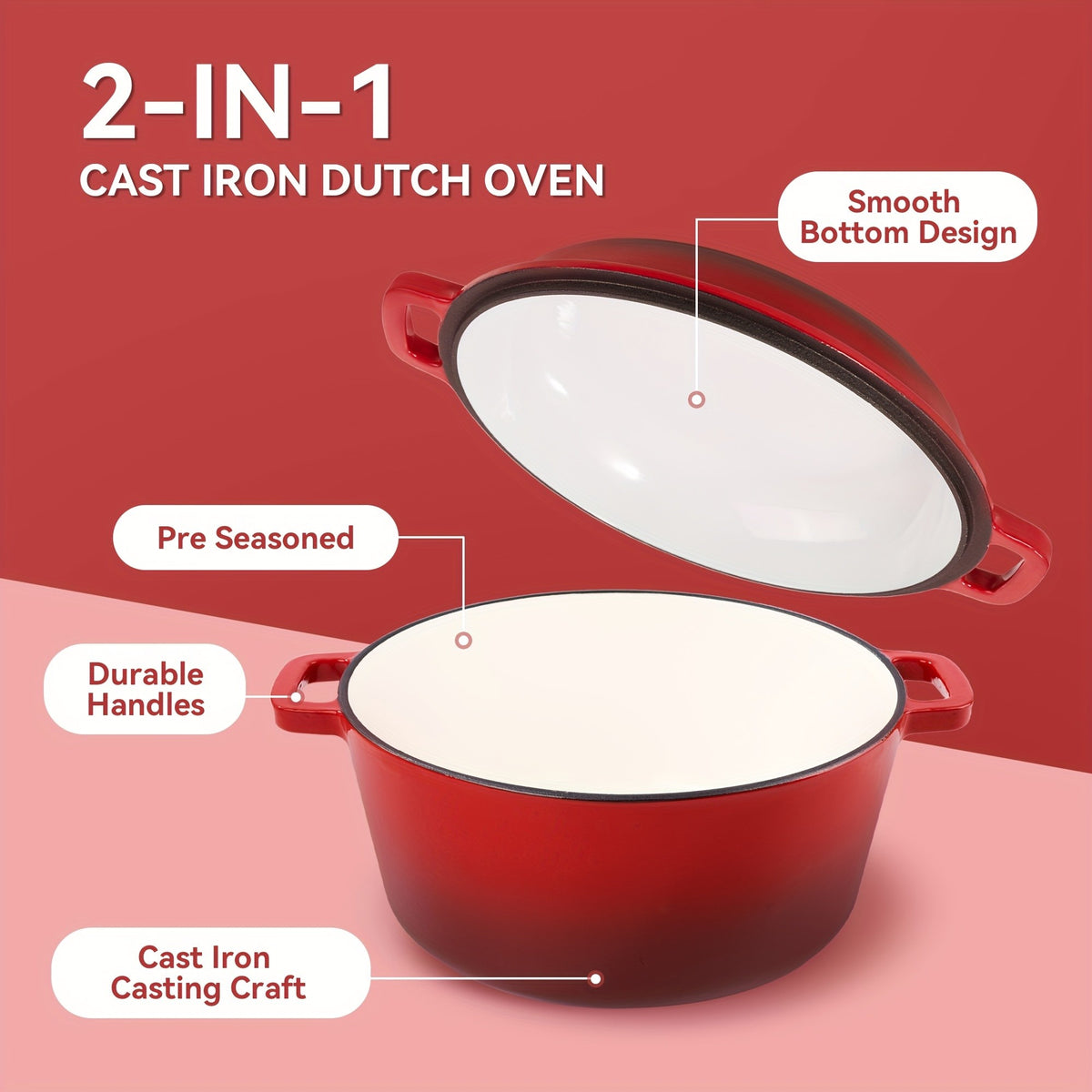 6 Quart 2-in-1 Enameled Cast Iron Dutch Oven and Casserole Nonstick Oven Safe 500°F Dual Handles All Stovetops Bread Baking Cooking Stewing