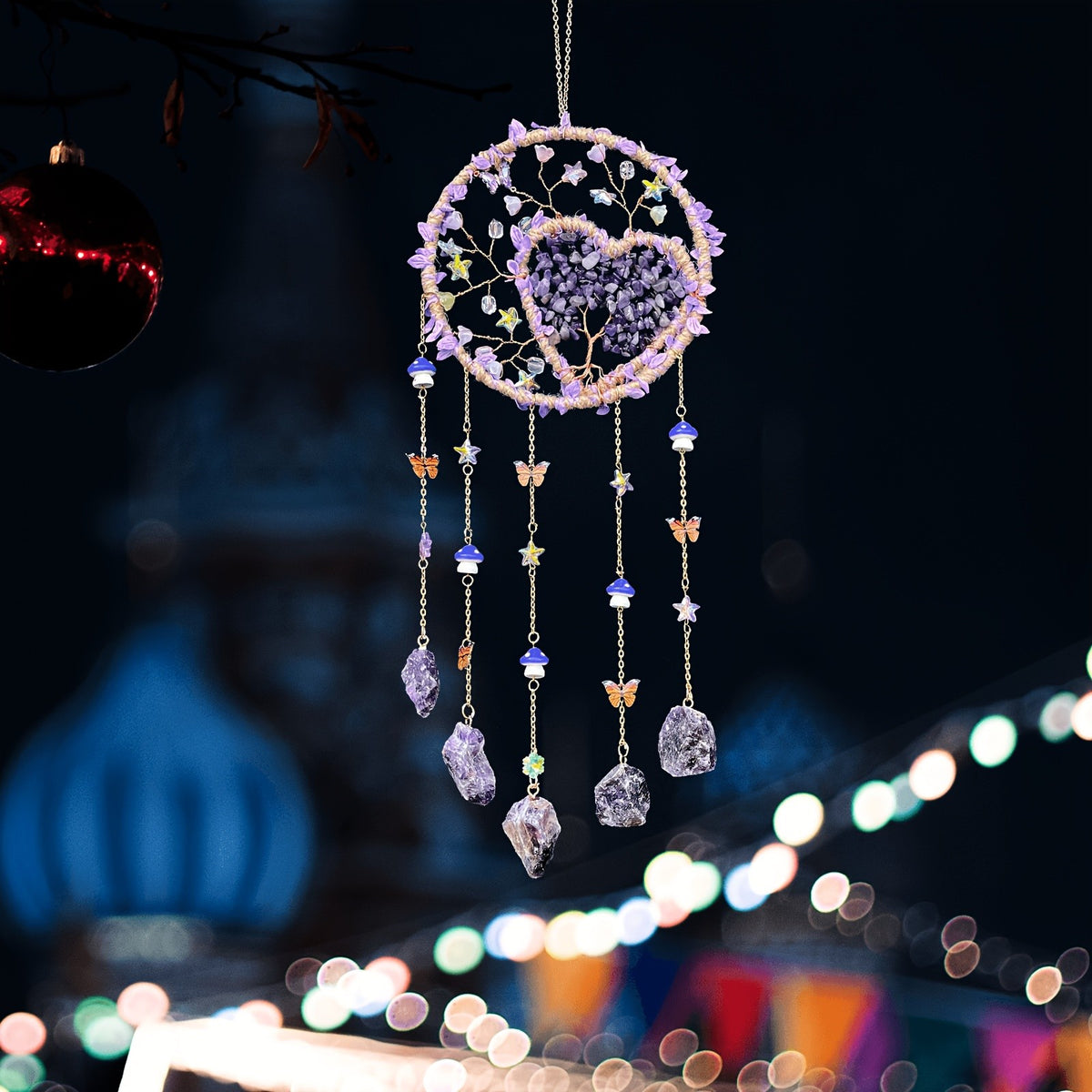 Bohemian Crystal Wall Hanging Decoration – Handmade Stone Beads, Colorful Gemstones, Heart & Circular Crystal Pendant Wind Chime – Boho Wall Decor Gift for Christmas, Mother’s Day & Thanksgiving