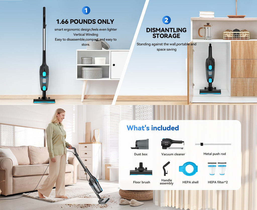 Corded Vacuum Cleaner Lightweight with Powerful Suction – 1L Dust Cup, 6-Stage Filtration, 90° Tilt, Self-Standing Design for Floors Stairs Carpet Hardwood Tile Pet Hair
